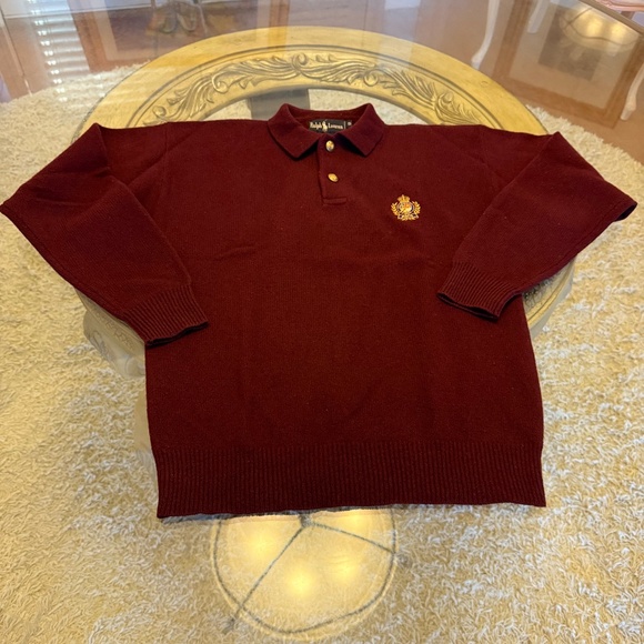 VTG Polo Ralph Lauren Wine Collared Crest Two Button Lambswool Sweater Men’s S - Picture 5 of 11
